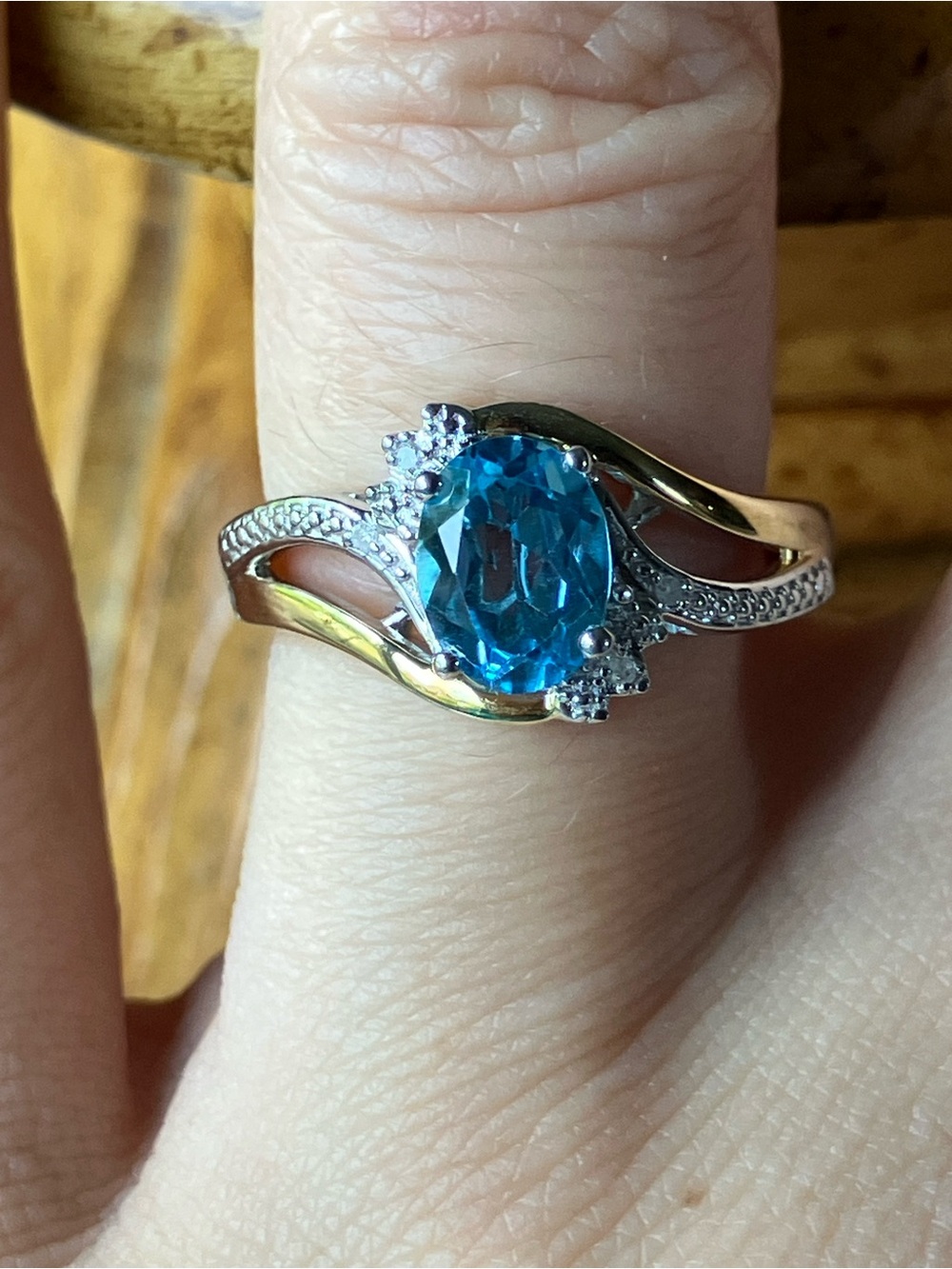 Swiss Blue Topaz Diamond Ring Size 6.5